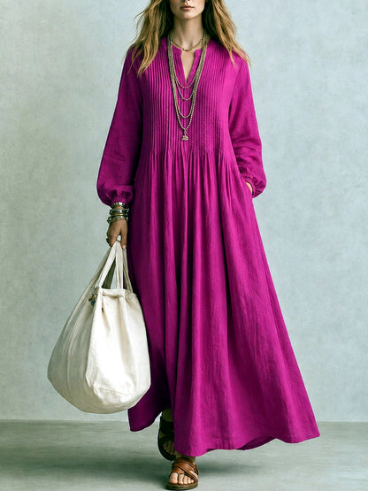 Women's Linen-Blend Solid-Color V-Neck Patchwork Relaxed-Fit Long-Sleeve Dress in Rose Red - product view