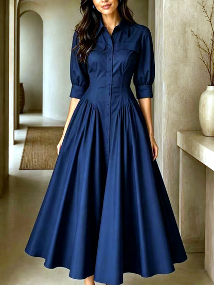 Linen-Blend Solid-Color Pocket High-Waist Dress in Navy - product view