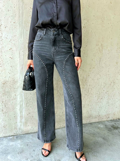 Women's Denim Knit High-Waist Straight-Leg Streetwear Pants in Black - product view