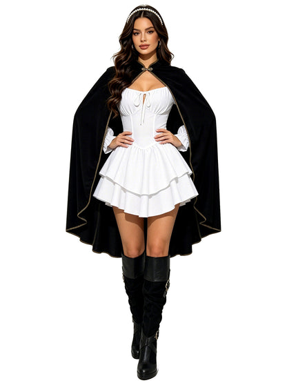 Women's Halloween Cosplay Medieval-Inspired Velvet Stand-Collar Vintage-Inspired Poncho in Black - product view