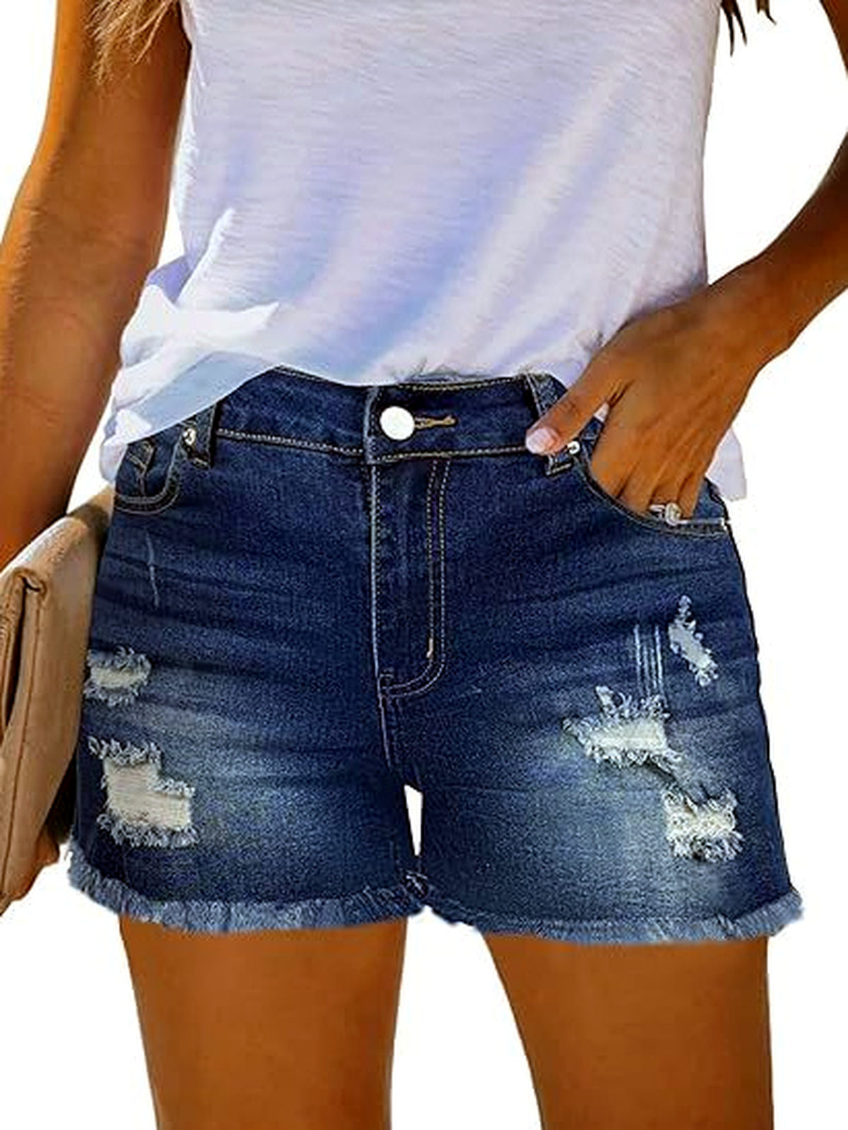 Women's Washed Denim Distressed Raw-Hem High-Waist Mid-Rise Shorts in Navy - product view