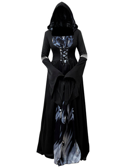 Women's Halloween Witch-Inspired Skeleton-Inspired Cosplay Hooded Dress in Black - product view