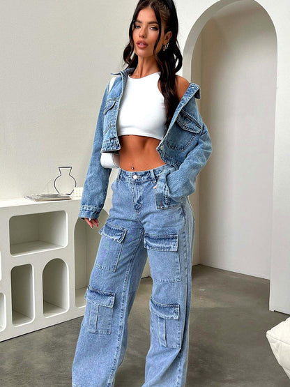 Women's Washed Denim Wide-Leg Pocket Jeans in Blue - product view