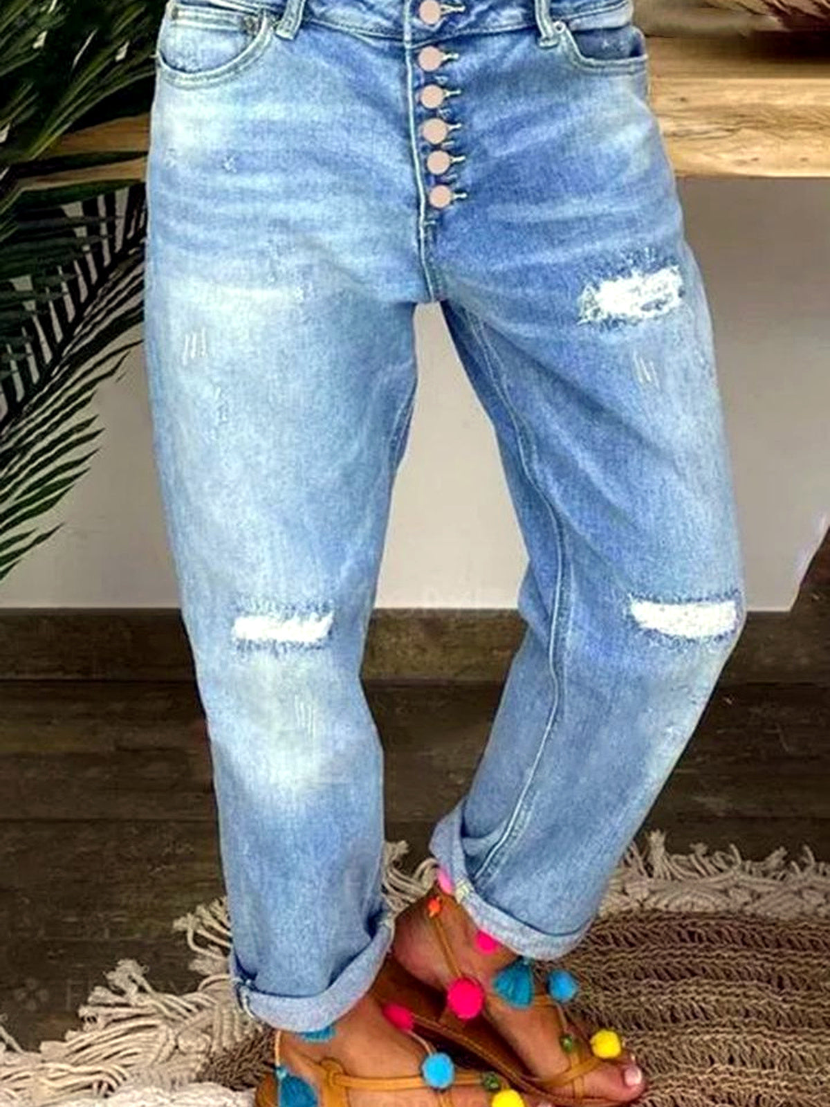 Women's Washed Denim Straight-Leg Jeans in Blue - product view