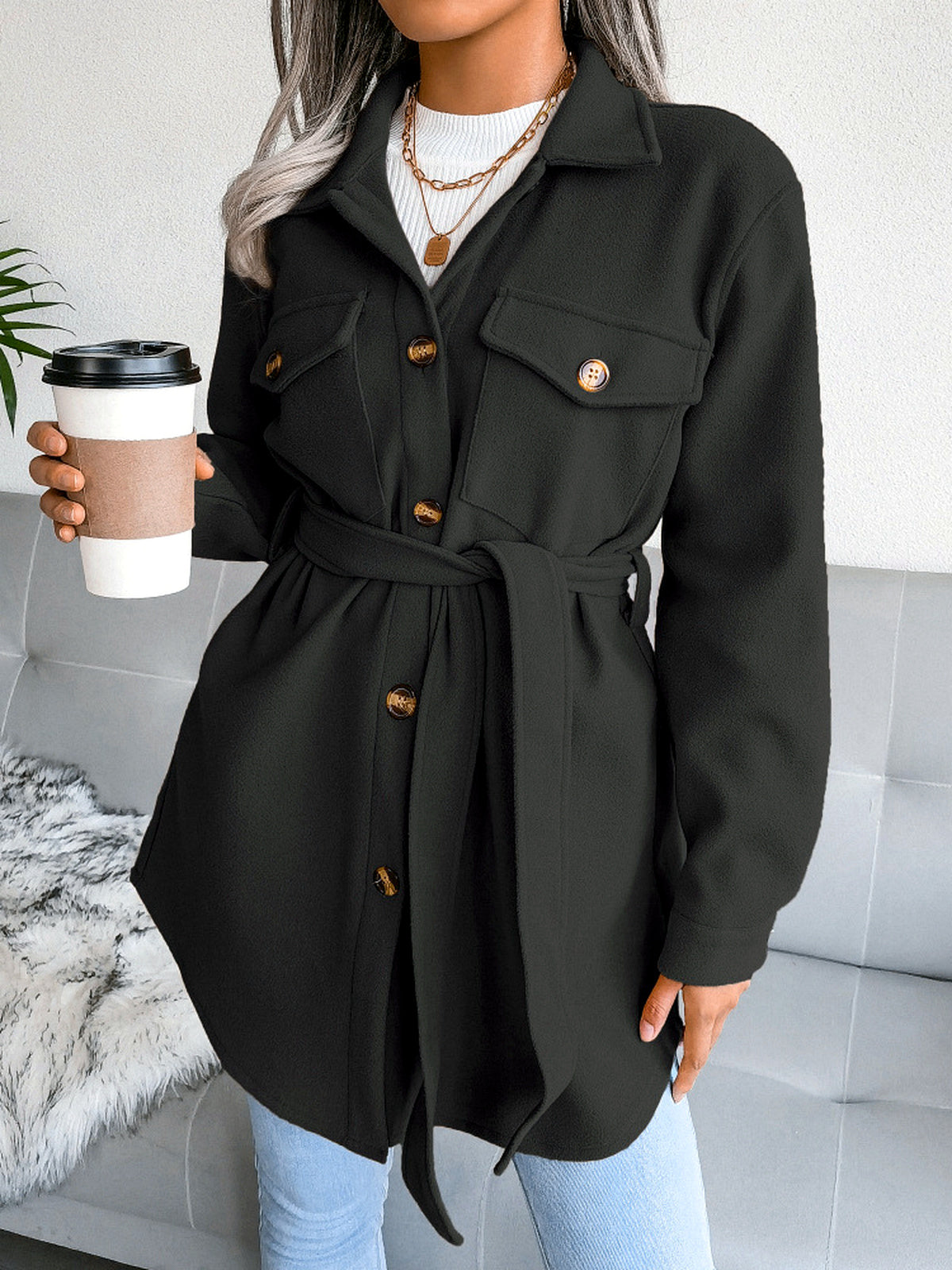 Women's Long Sleeve Open Front Blazer Cardigan Solid Color Casual Woven-Panel Straight-Leg Button-Front Point-Collar Pocket