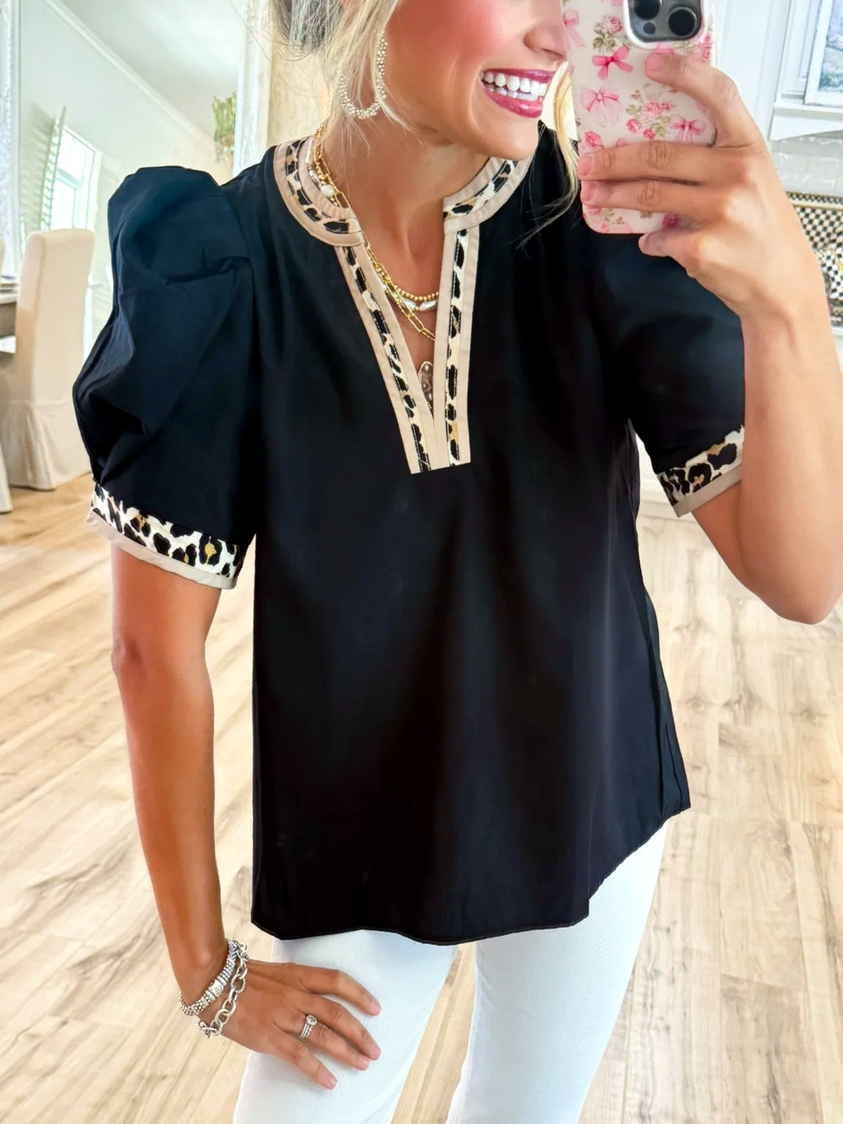 V-Neck Patchwork Short-Sleeve Longline Mid-Length Shirt in Black - product view