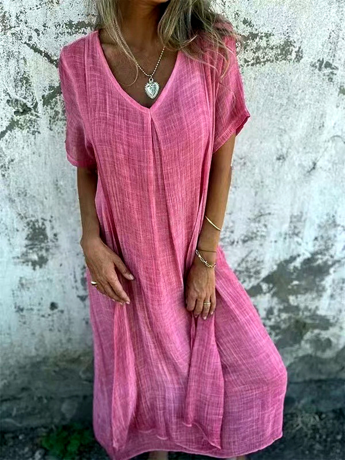 Patchwork Linen-Blend Solid-Color Relaxed-Fit Mid-Rise Short-Sleeve Dress in Rose Red - product view