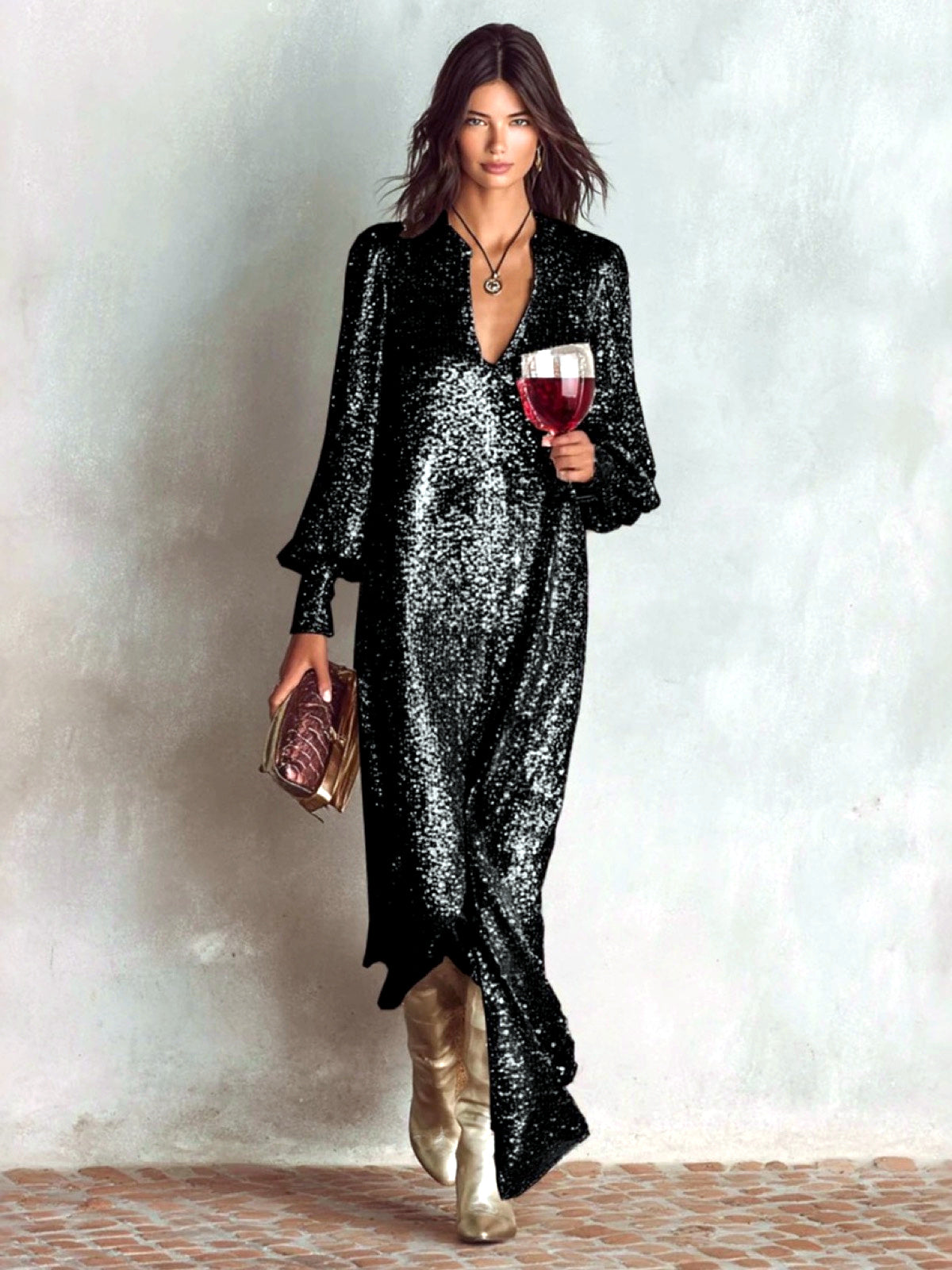 Solid-Color V-Neck Patchwork Pullover Relaxed-Fit Long-Sleeve Dress in Black - product view