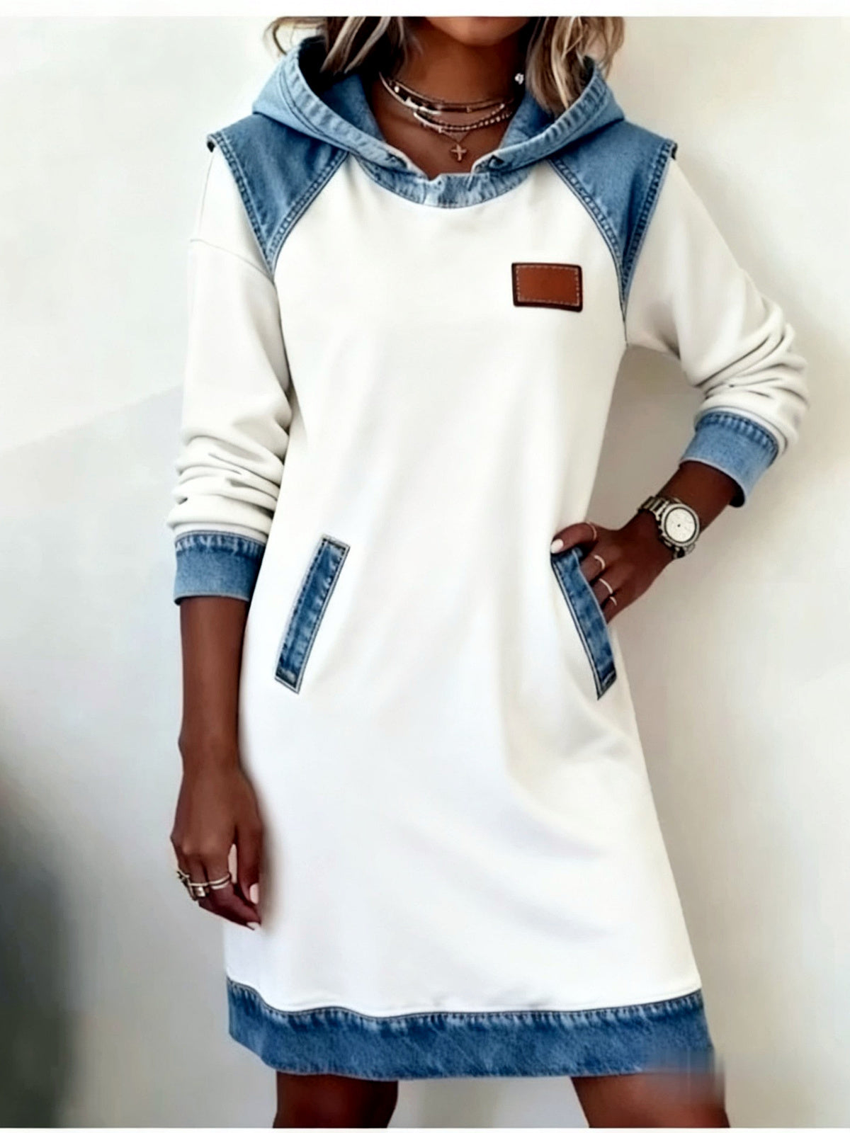 Women's Patchwork Button-Front Long-Sleeve Dress in White - product view