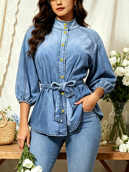 Denim Button-Front Relaxed-Fit Shirt in T0308 - product view