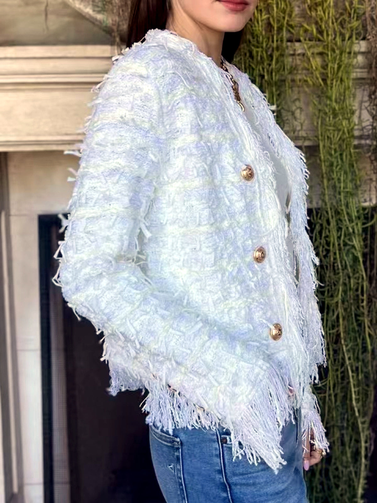 Tweed-Texture Fringe-Trim Cropped Blazer in White - product view