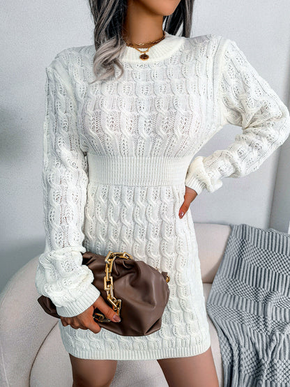 Women's Solid-Color Slim-Fit High-Waist Long-Sleeve Streetwear Dress in White - product view