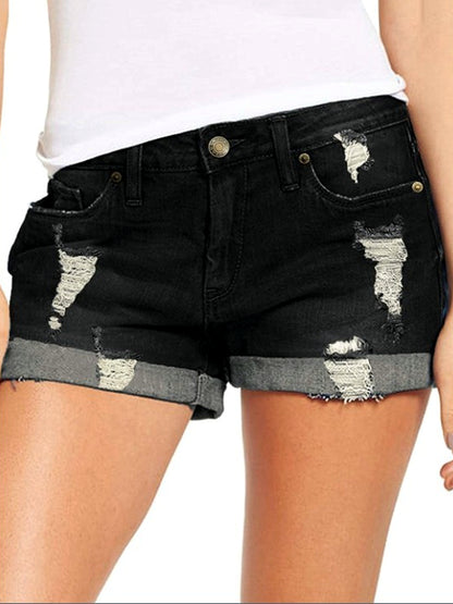 Women's Washed Denim Distressed Stretch Mid-Rise Straight-Leg Shorts in Black - product view