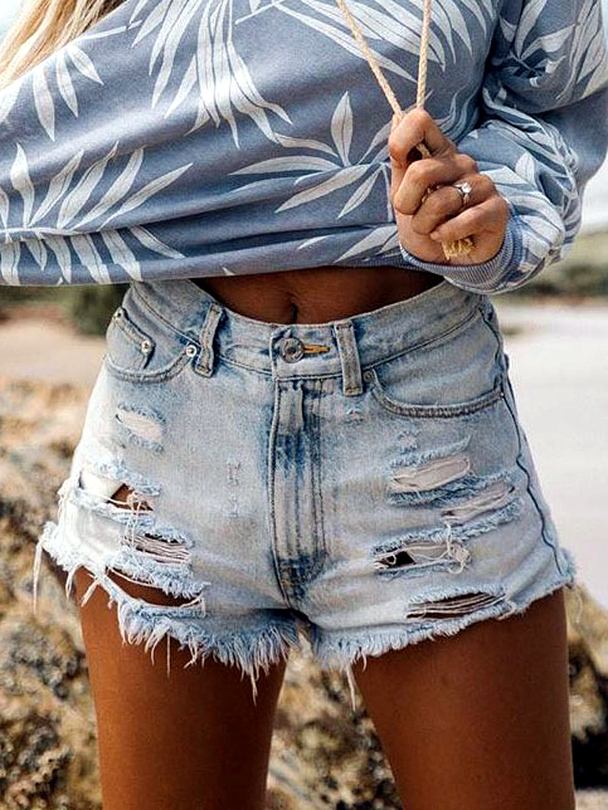 Women's Washed Denim Distressed High-Waist Straight-Leg Office Shorts in Light Blue - product view