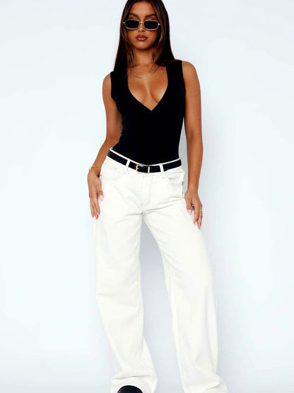 Women's Denim Mid-Rise Straight-Leg Washed Jeans in White - product view