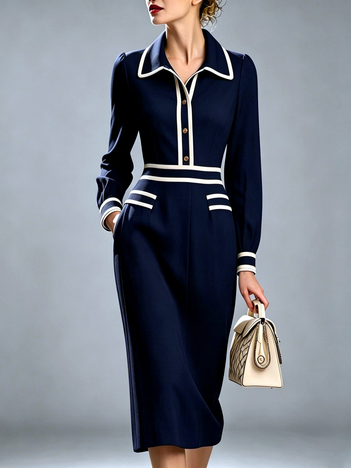 Point-Collar Patchwork Button-Front Slim-Fit Long-Sleeve Midi Dress in Navy - product view