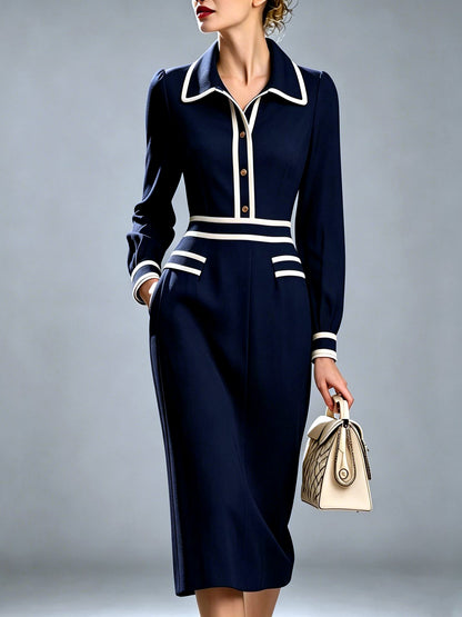 Point-Collar Patchwork Button-Front Slim-Fit Long-Sleeve Midi Dress in Navy - product view