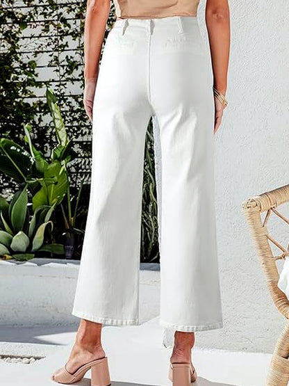 Women's Denim High-Waist Wide-Leg Vintage-Inspired Straight-Leg Button-Front Pocket Relaxed-Fit Jeans in White - product view