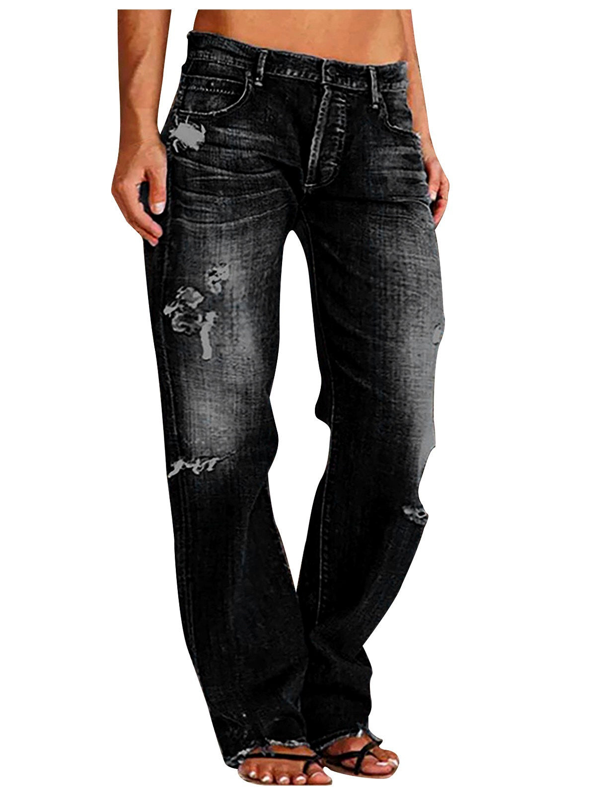Women's Denim Mid-Rise Straight-Leg Distressed Jeans in Black - product view