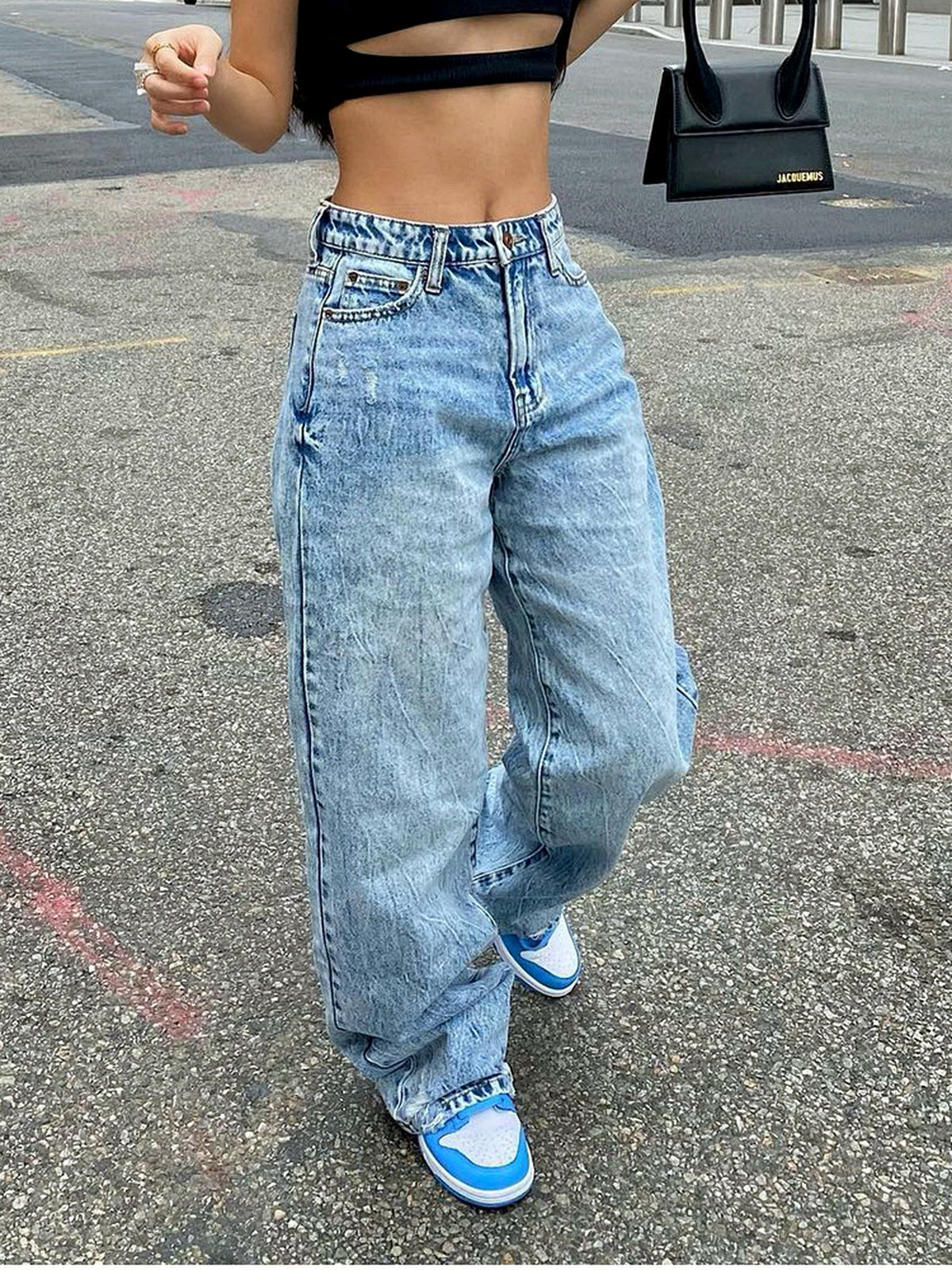 Women's Washed Denim Distressed Slim-Fit High-Waist Straight-Leg Vintage-Inspired Jeans in Light Blue - product view