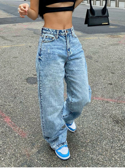 Women's Washed Denim Distressed Slim-Fit High-Waist Straight-Leg Vintage-Inspired Jeans in Light Blue - product view