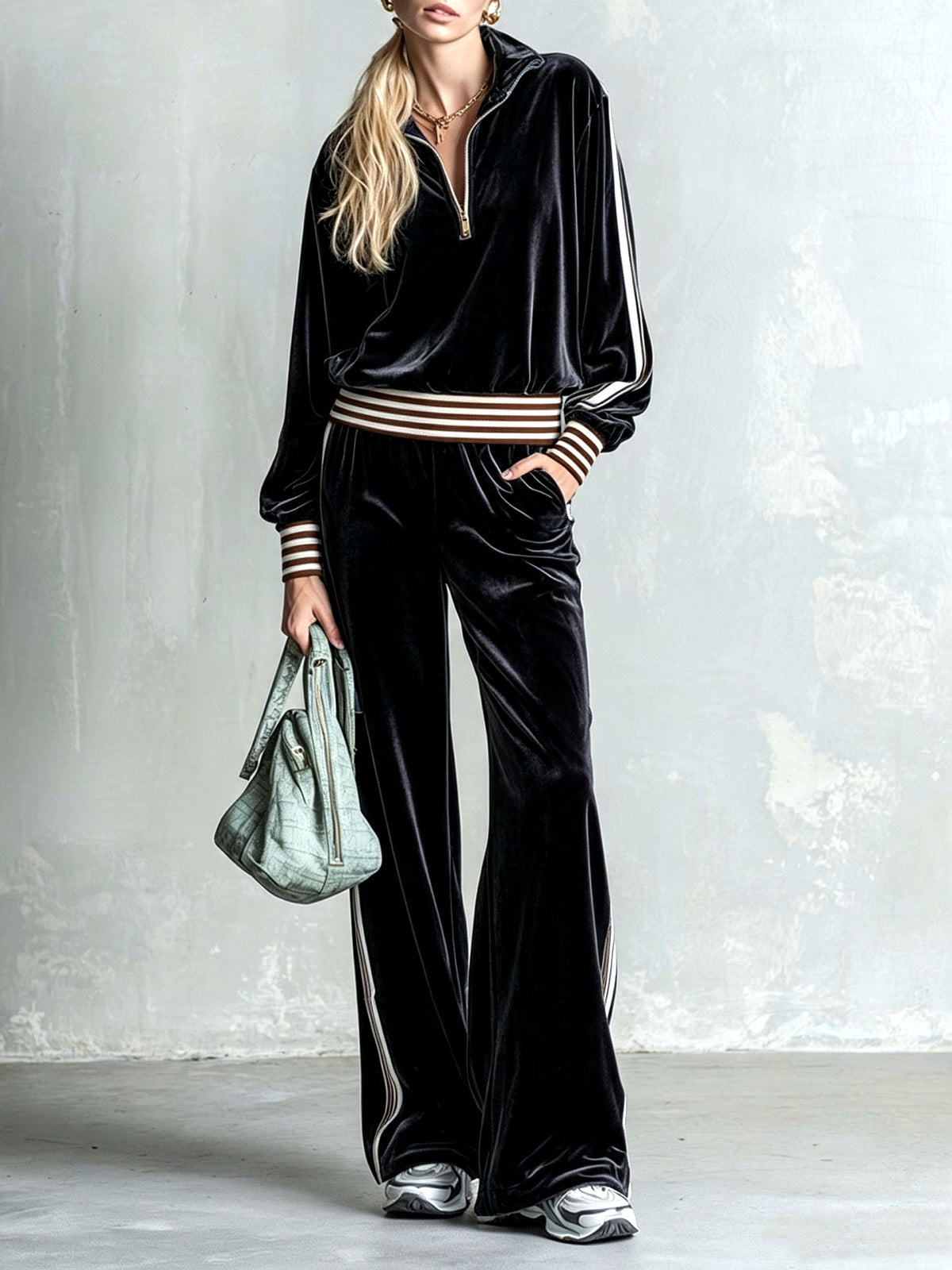 Striped Wide-Leg Top & Pants Set in Black - product view