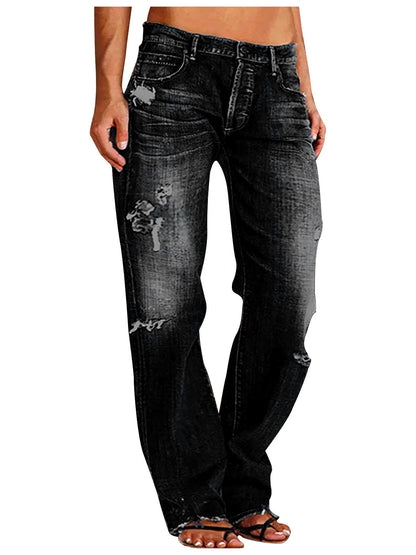 Women's Denim Mid-Rise Straight-Leg Distressed Jeans in Black - product view