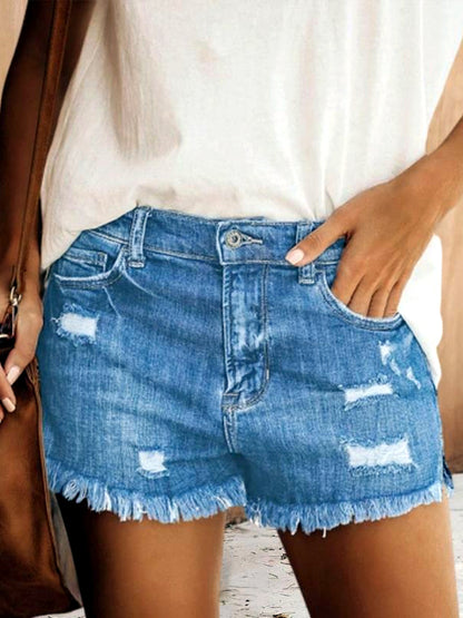 Women's Washed Denim Distressed High-Waist Straight-Leg Office Shorts in Light Blue - product view
