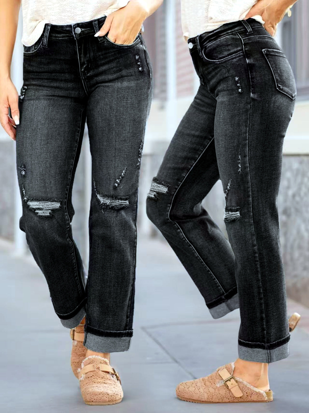 Women's Stretch Denim Mid-Rise Straight-Leg Jeans in Black2547# - product view