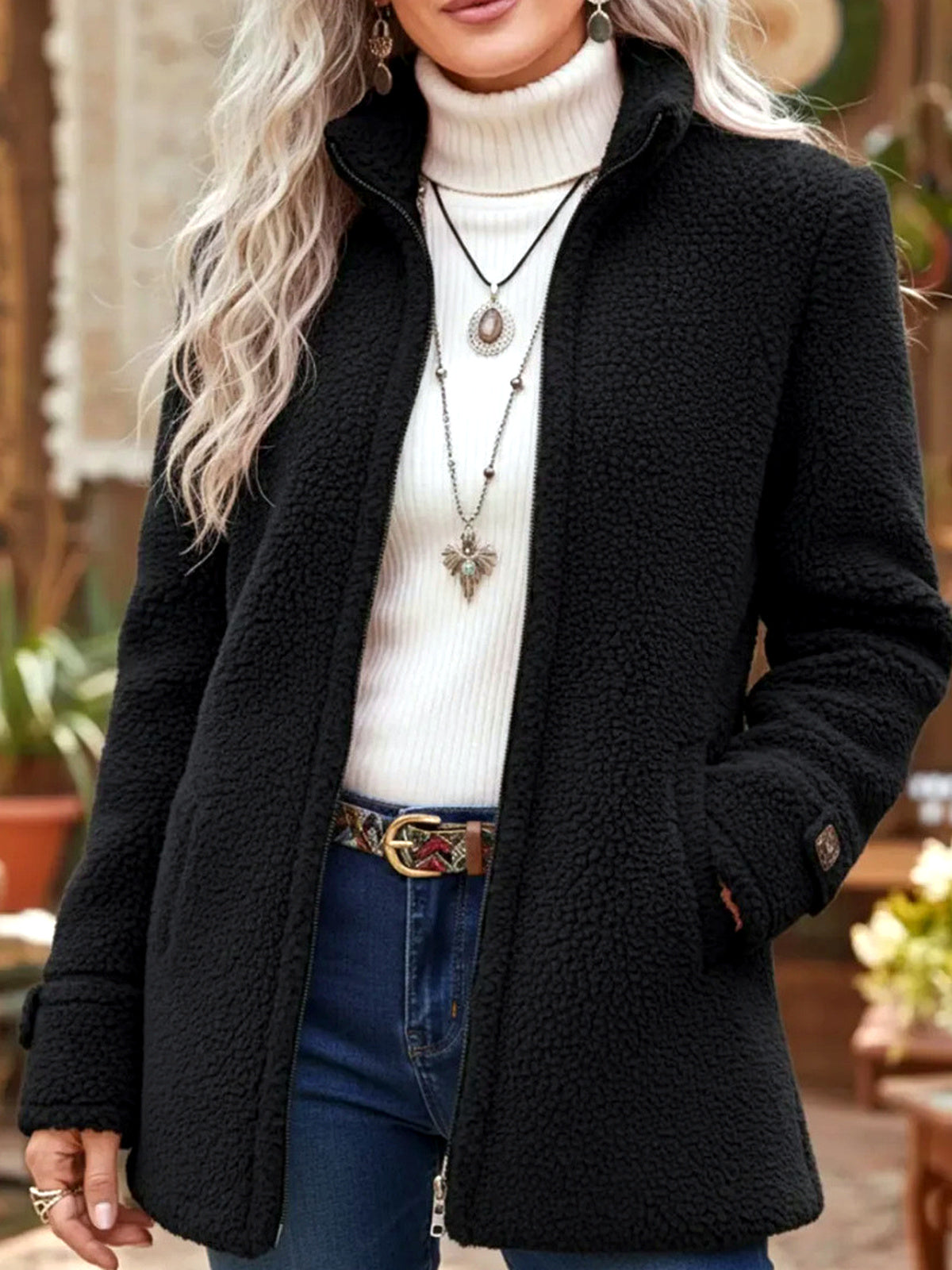 Women's Solid-Color Stand-Collar Patchwork Zip-Front Relaxed-Fit Long-Sleeve Jacket in Black - product view