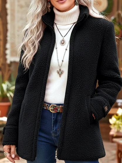 Women's Solid-Color Stand-Collar Patchwork Zip-Front Relaxed-Fit Long-Sleeve Jacket in Black - product view