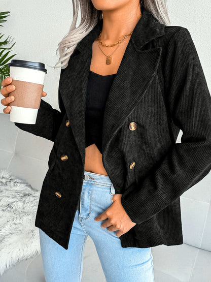 Women's Corduroy Plaid Slim-Fit Point-Collar Long-Sleeve Streetwear Blazer in Black - product view