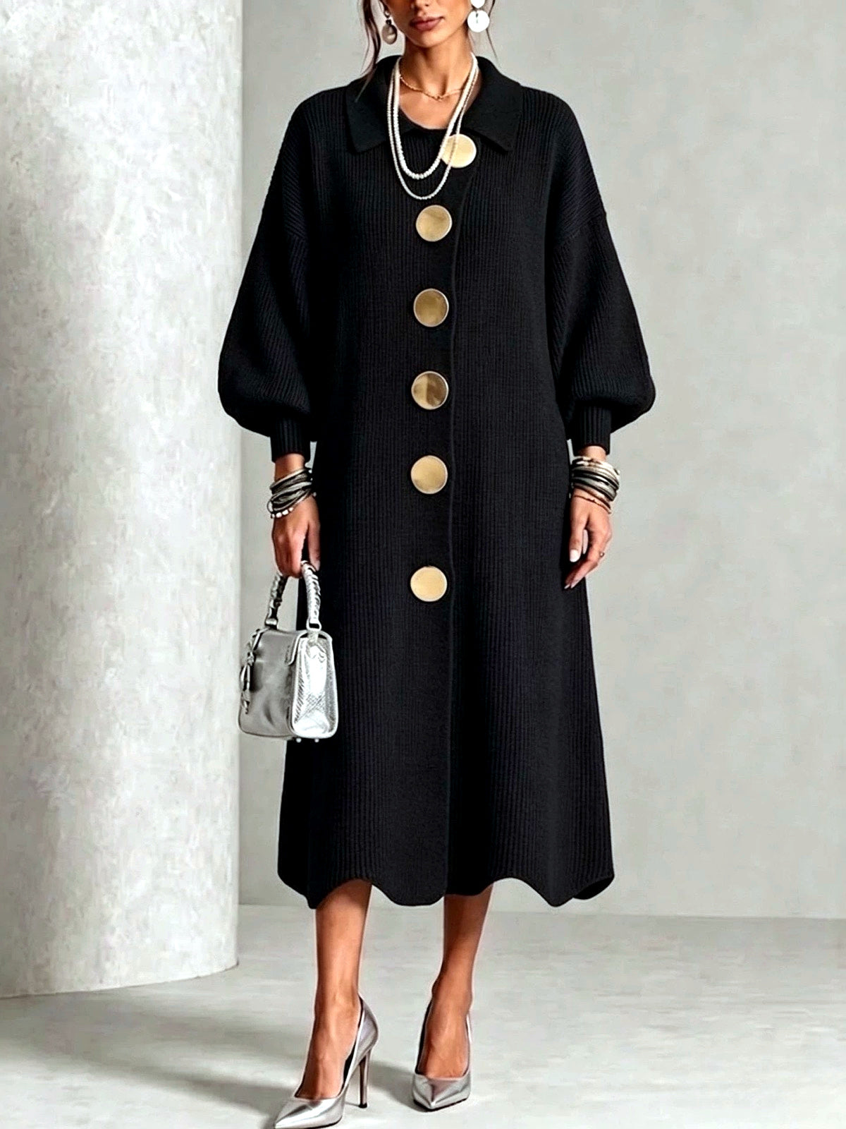 Women's Knit Solid-Color Polo-Collar Statement-Button Patchwork Dress in Black - product view