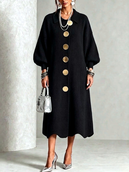 Women's Knit Solid-Color Polo-Collar Statement-Button Patchwork Dress in Black - product view