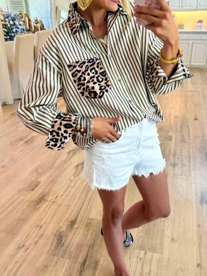 Women's Striped Patchwork Relaxed-Fit Long-Sleeve Single-Breasted Cardigan in Khaki - product view
