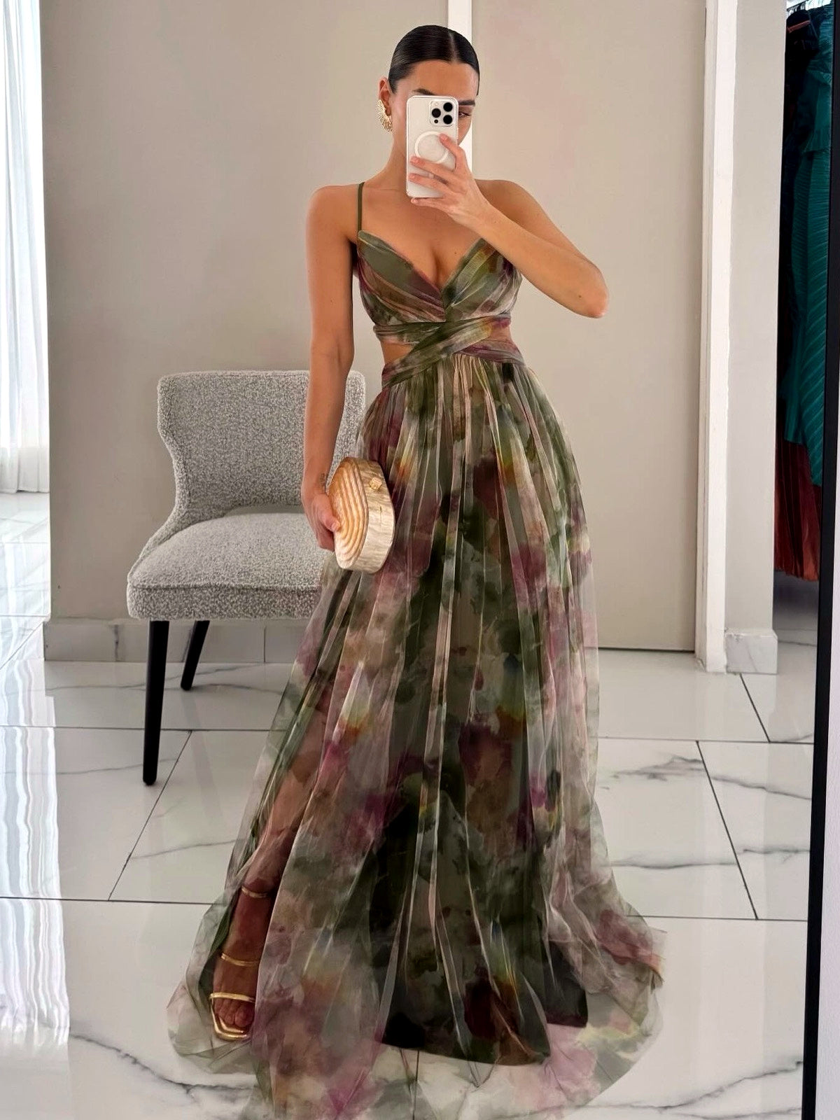 Printed Zip-Front Pullover Slim-Fit Sleeveless Mid-Rise Dress in Army Green - product view
