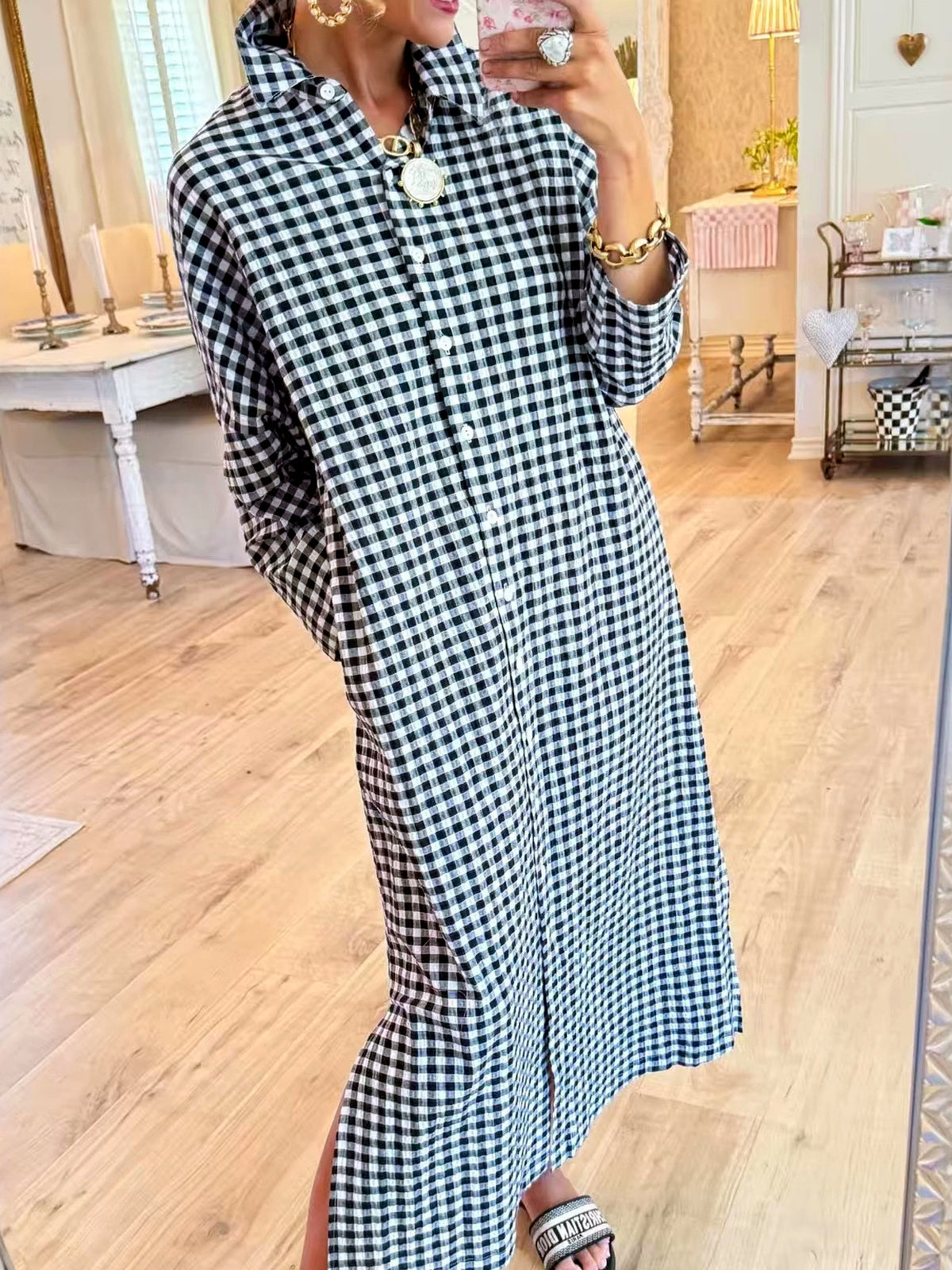 Women's Plaid Patchwork Relaxed-Fit Long-Sleeve Longline Slit Dress in Black - product view