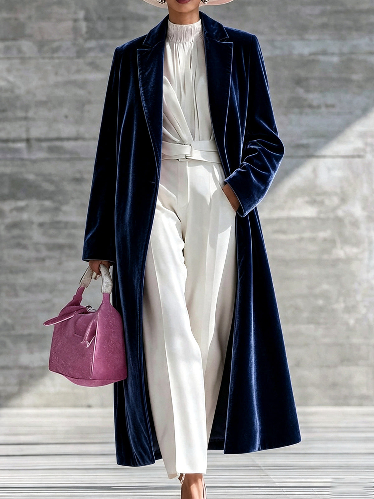 Women's Velvet Knit Solid-Color Point-Collar Relaxed-Fit Long-Sleeve Cardigan in Navy - product view