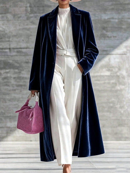 Women's Velvet Knit Solid-Color Point-Collar Relaxed-Fit Long-Sleeve Cardigan in Navy - product view