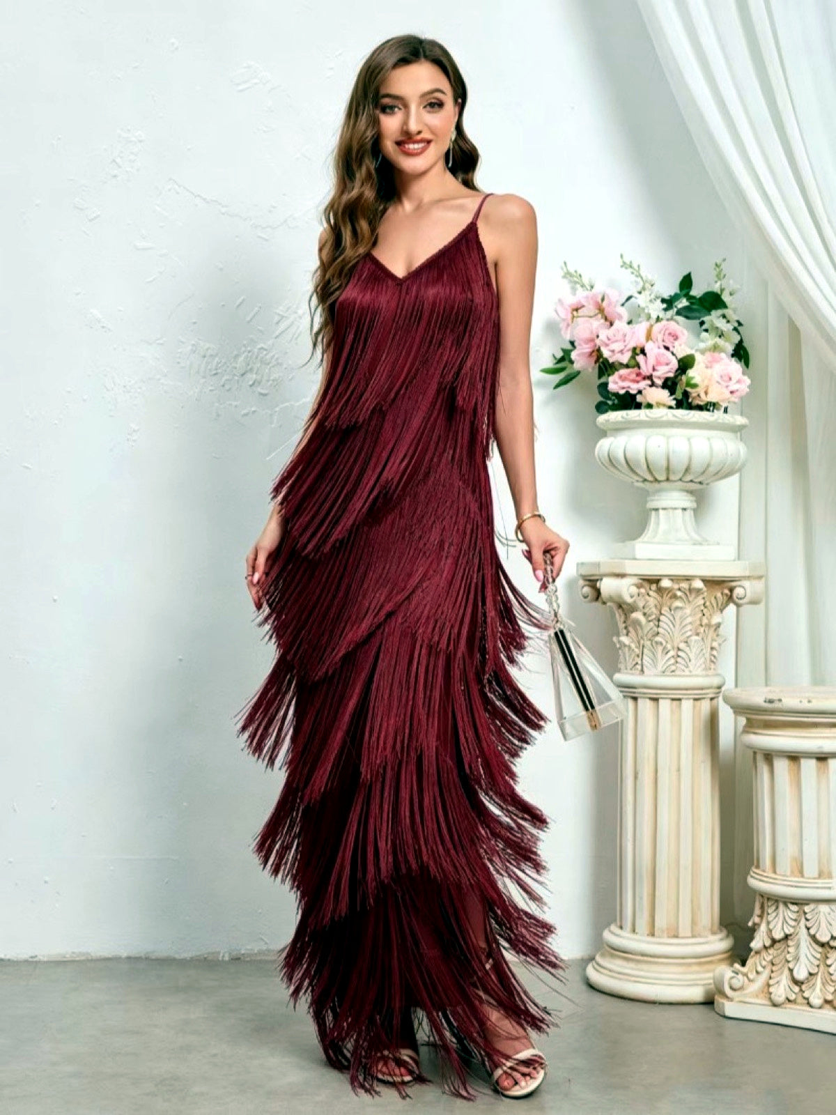 Women's Solid-Color Fringe-Trim Zip-Front Slim-Fit Sleeveless Apparel in Burgundy - product view