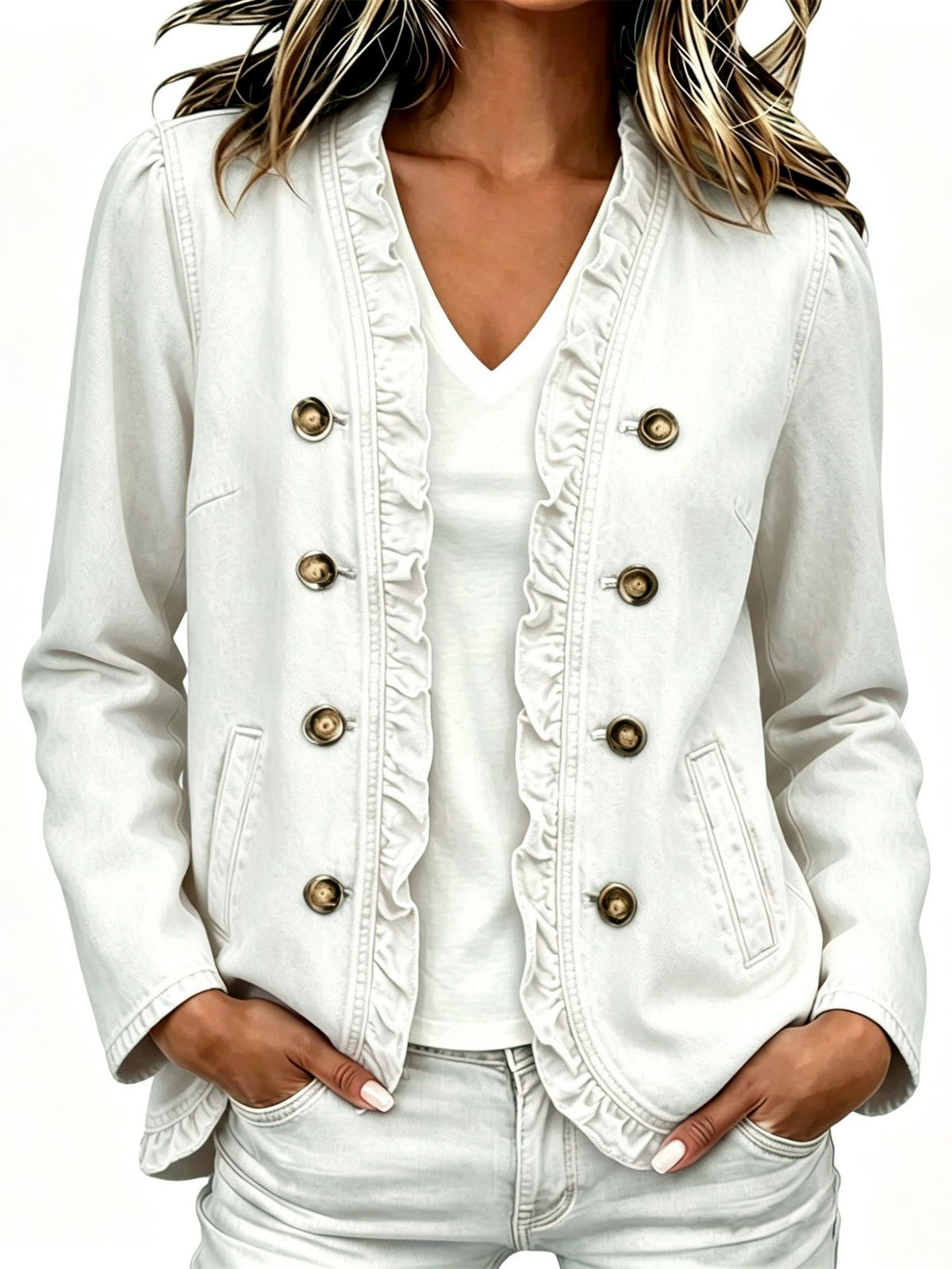 Women's Denim Ruffle-Trim Button-Front Long-Sleeve Washed Jacket in White - product view