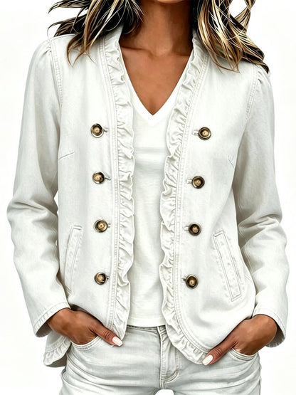 Women's Denim Ruffle-Trim Button-Front Long-Sleeve Washed Jacket in White - product view