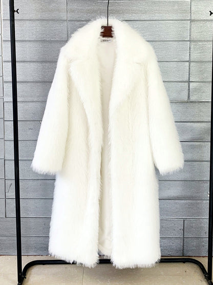 Women's Faux-Fur Notched-Lapel Long-Sleeve Longline Coat in White - product view