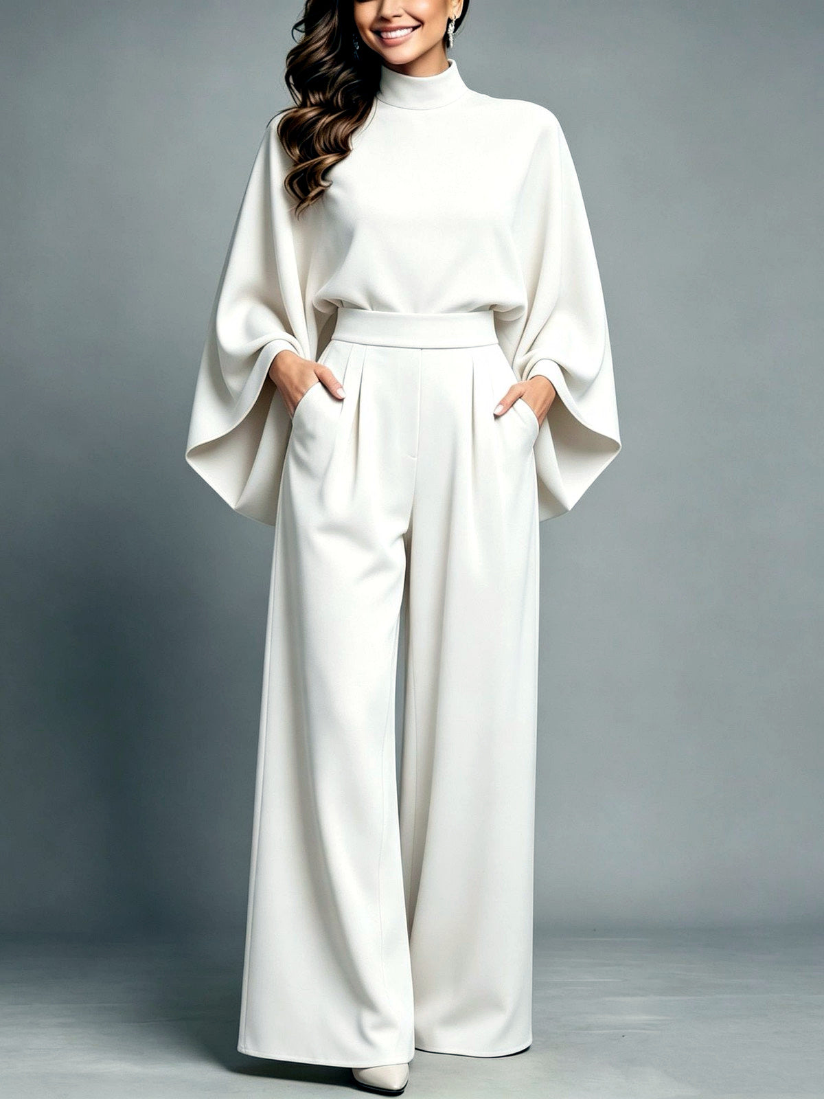 Relaxed-Fit Long-Sleeve Wide-Leg Top & Pants Set in White - product view