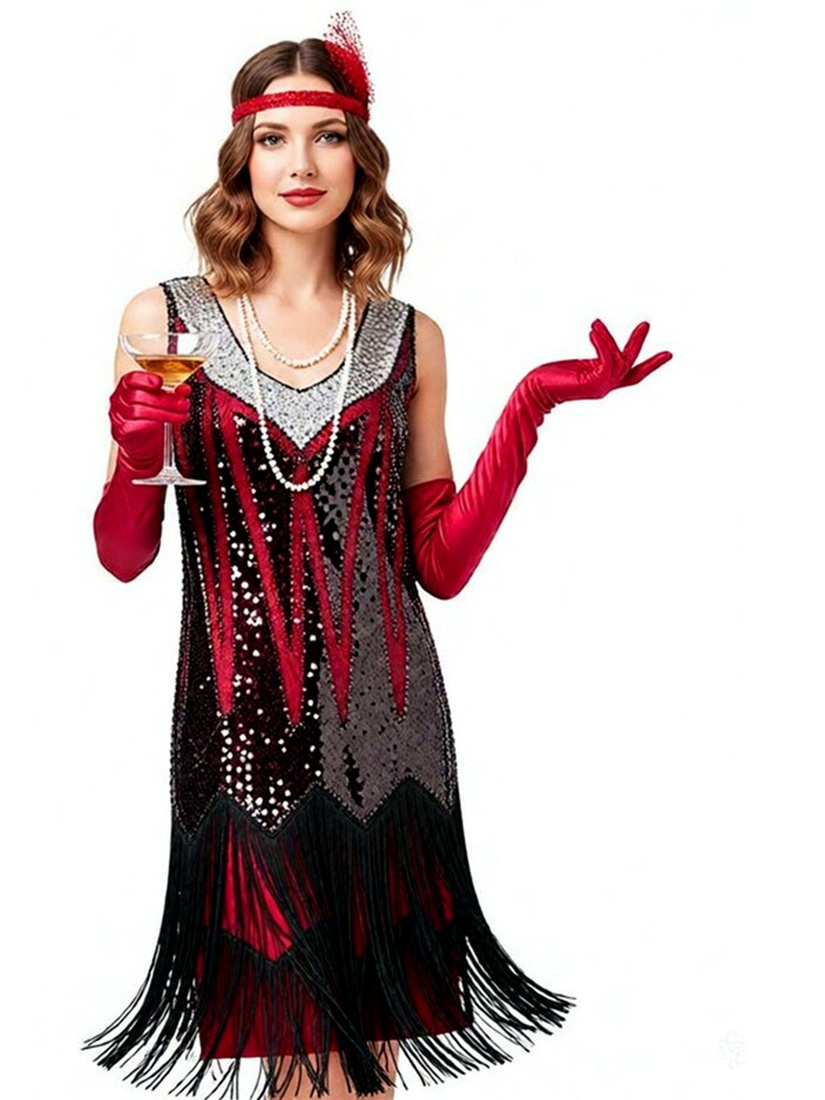 Women's V-Neck Vintage-Inspired Dress in Red - product view