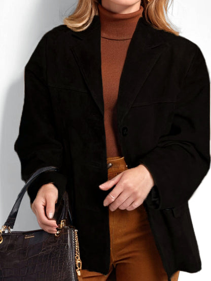 Women's Solid-Color Relaxed-Fit Single-Breasted Button-Front Point-Collar Pocket Blazer in Black - product view