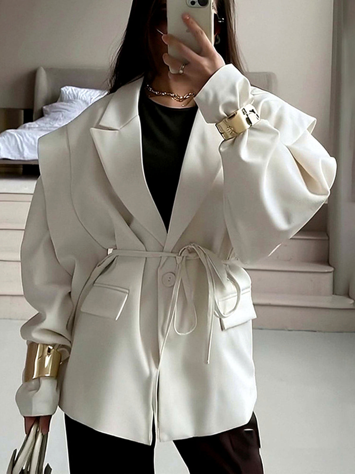 Women's Printed Solid-Color Slim-Fit Belted Long-Sleeve Office Blazer in 29782-White - product view