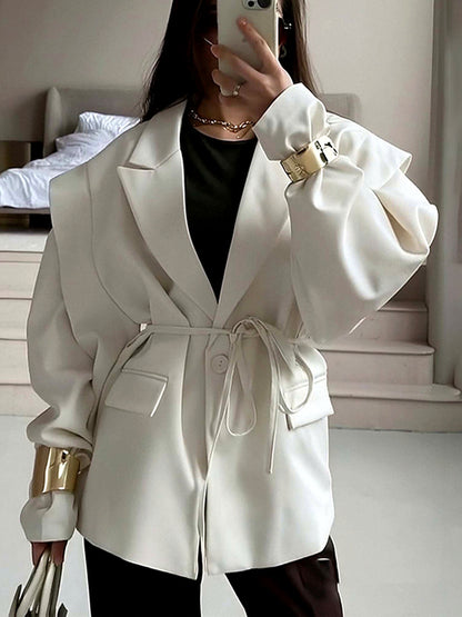 Women's Printed Solid-Color Slim-Fit Belted Long-Sleeve Office Blazer in 29782-White - product view