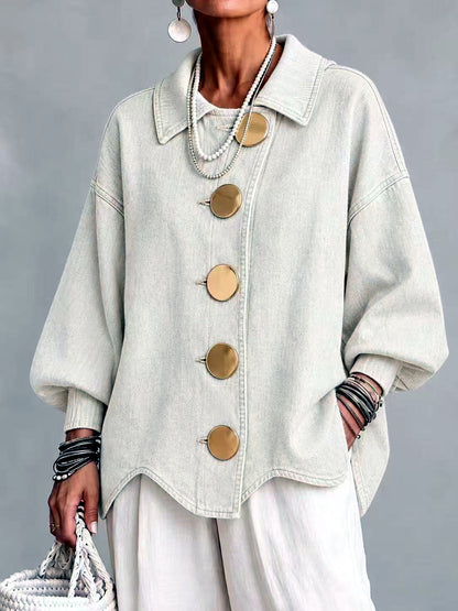 Women's Denim Point-Collar Button-Front Washed Jacket in White - product view