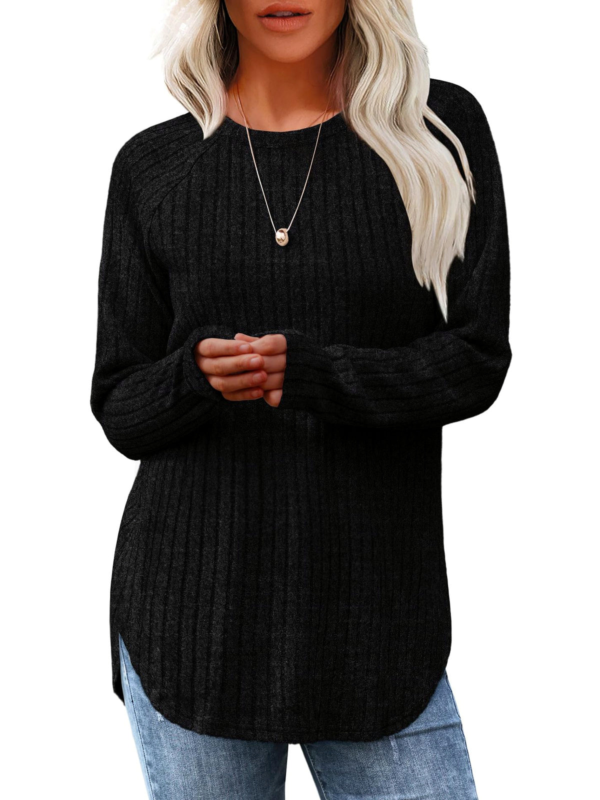 Women's Crew-Neck Relaxed-Fit Slim-Fit Long-Sleeve Top in Black - product view